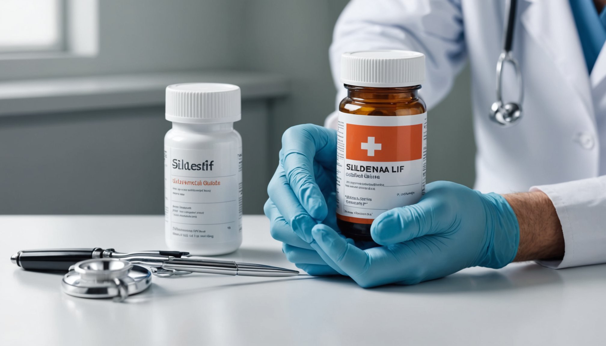 Sildenafil tablets and molecular structure illustration used in medical treatment